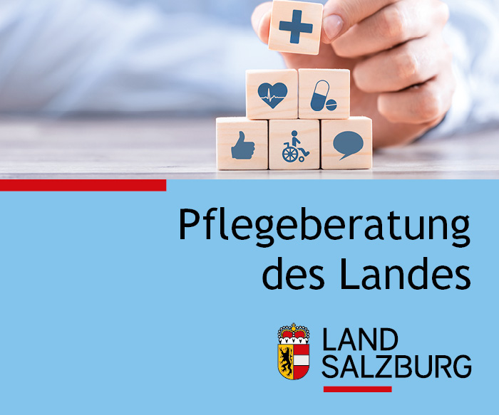 Hände stapeln Holzklötze mit Symbolen für Pflege und Gesundheit. Text: Pflegeberatung des Landes Salzburg.