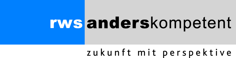 Logo von RWS mit dem Slogan „Zukunft mit Perspektive“. Farbliche Unterteilung in Blau und Grau.
