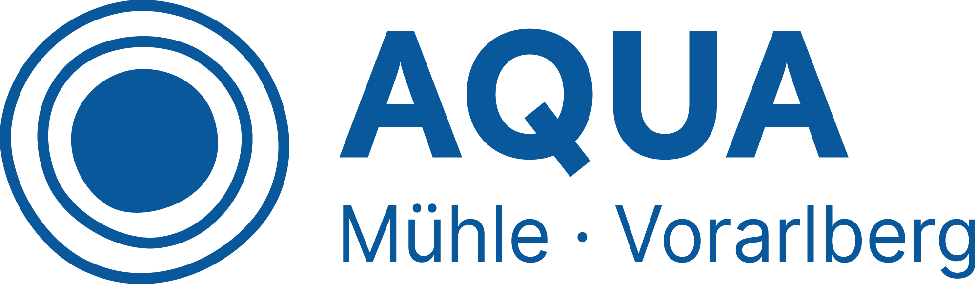 Logo von AQUA Mühle Vorarlberg in blauer Schrift mit einem stilisierten Wasser-Symbol.