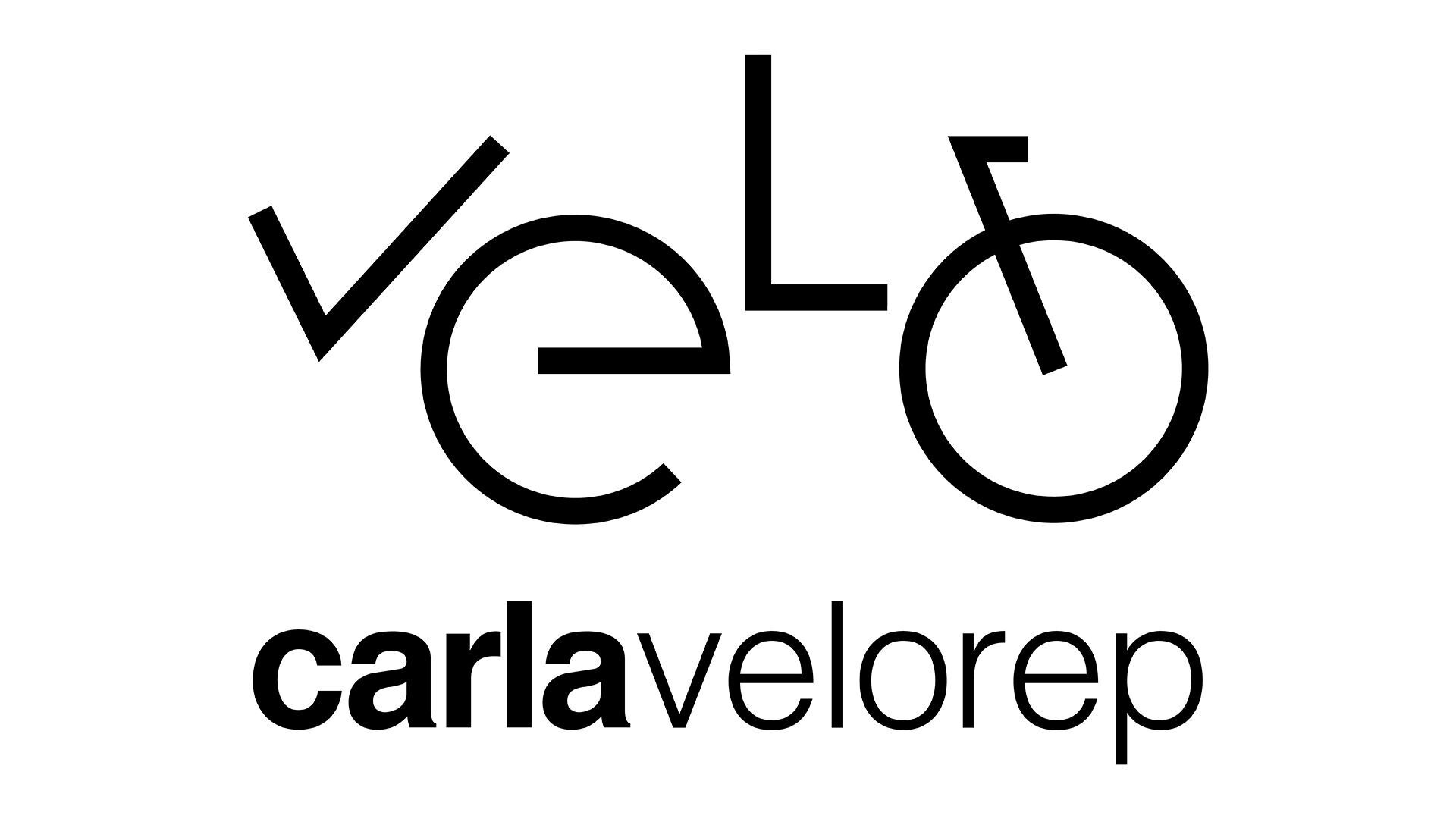 Logo von "carla velorep" mit stilisiertem Fahrrad und dem Wort "velo". Minimalistisches, modernes Design.