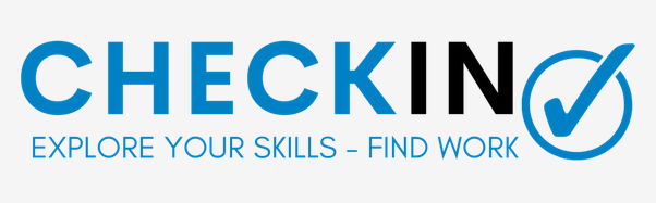 Logo mit dem Text "CHECK IN - EXPLORE YOUR SKILLS - FIND WORK" in Blau und Schwarz. ZeMIT