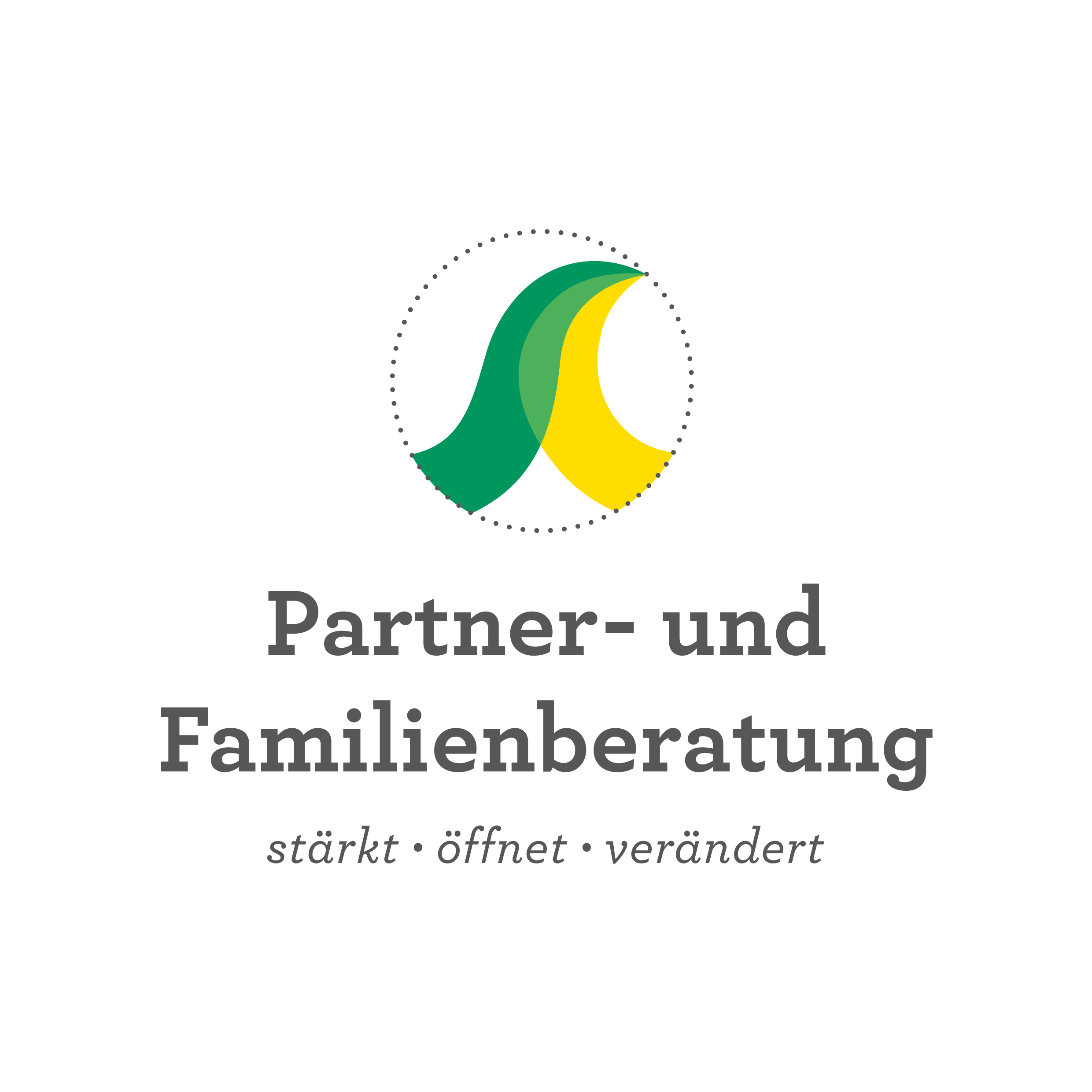 Logo der Partner- und Familienberatung mit Slogan: "stärkt · öffnet · verändert". Farbige Wellen in grün und gelb.