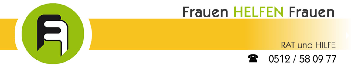 Logo mit der Aufschrift "Frauen HELFEN Frauen" und Kontaktinformationen für Rat und Hilfe. Telefonnummer: 0512/580977.