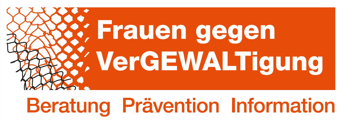 Logo mit dem Schriftzug "Frauen gegen VerGEWALTigung" in orange, ergänzt durch die Wörter Beratung, Prävention und Information.