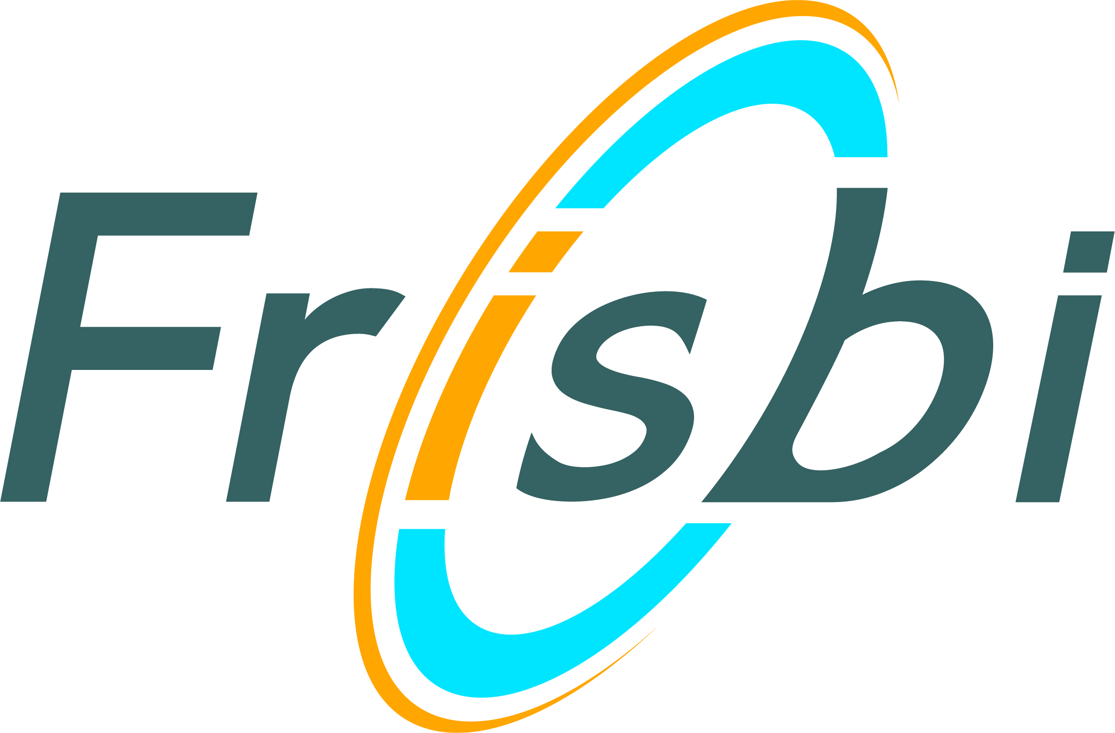 Logo von Frisbi mit einem dynamischen, modernen Design in Blau, Orange und Grau.