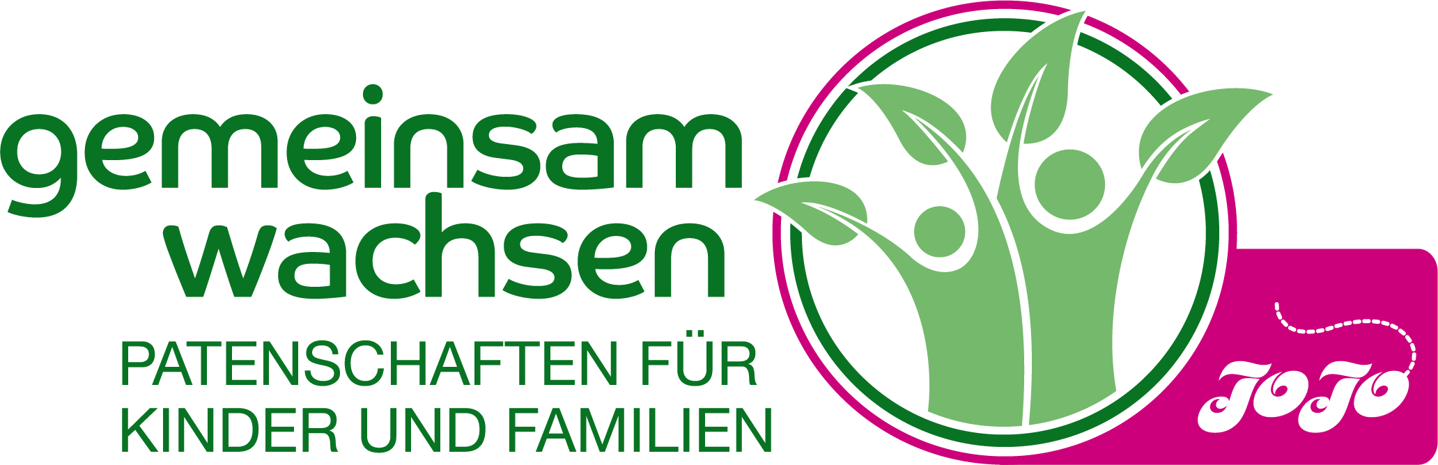 Logo mit dem Slogan "gemeinsam wachsen" und dem Text "Patenschaften für Kinder und Familien". Grüne Pflanzen und Figuren symbolisieren Gemeinschaft.