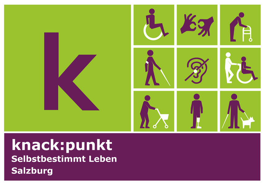 Logo mit Symbolen für Selbstbestimmung und Unterstützung im Alltag, darunter Mobilitätshilfen und barrierefreies Leben.