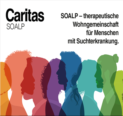 Silhouetten verschiedener Menschen in bunten Farben, mit dem Text über die SOALP-Wohngemeinschaft für Suchtkranke.