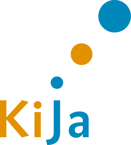 Logo con la scritta Kija in blu e arancione, completato da cerchi colorati.