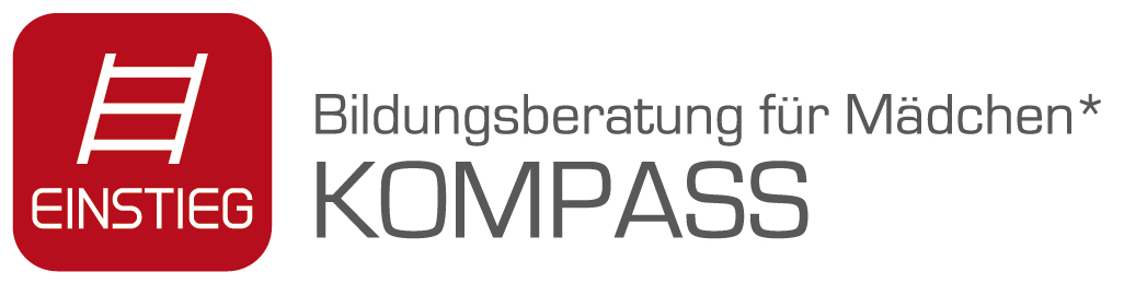 Logo der Bildungsberatung "Einstieg KOMPASS" für Mädchen, mit einem roten Symbol einer Leiter.