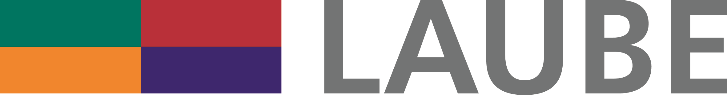 Logo der Laube mit farbigen Rechtecken in Grün, Orange, Rot und Lila, gefolgt von dem Schriftzug "LAUBE" in Grau.