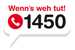 Logo mit der Aufschrift „Wenn's weh tut!“ und der Telefonnummer 1450 in einem Sprechblasen-Design.