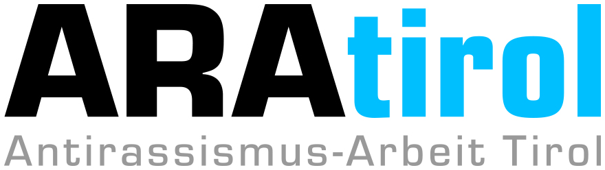 Logo von ARA Tirol, Antirassismus-Arbeit in Tirol, in schwarzer und blauer Schrift. ZeMIT