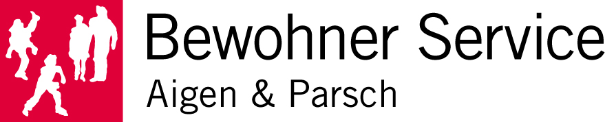 Logo des Bewohnerservice Aigen & Parsch mit stilisierten Figuren in heller und dunkler Farbe.