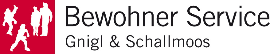 Logo des Bewohner Service für Gnigl und Schallmoos mit stilisierten Figuren auf rotem Hintergrund.