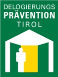 Logo von Delogierungsprävention Tirol mit einem symbolischen Stand und einer silhouettenhaften Figur.