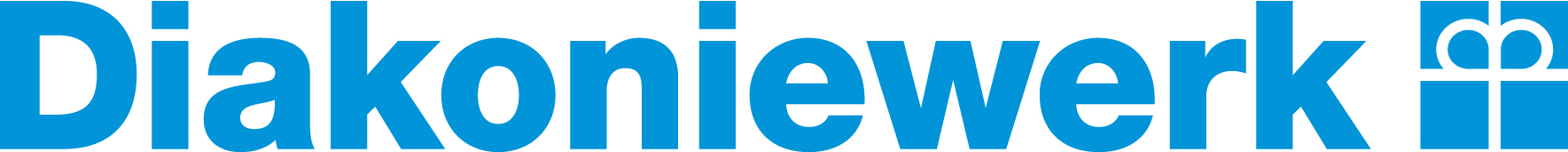 Logo des Diakoniewerks in blauer Schrift auf weißem Hintergrund, mit einem stilisierten Geschenk.