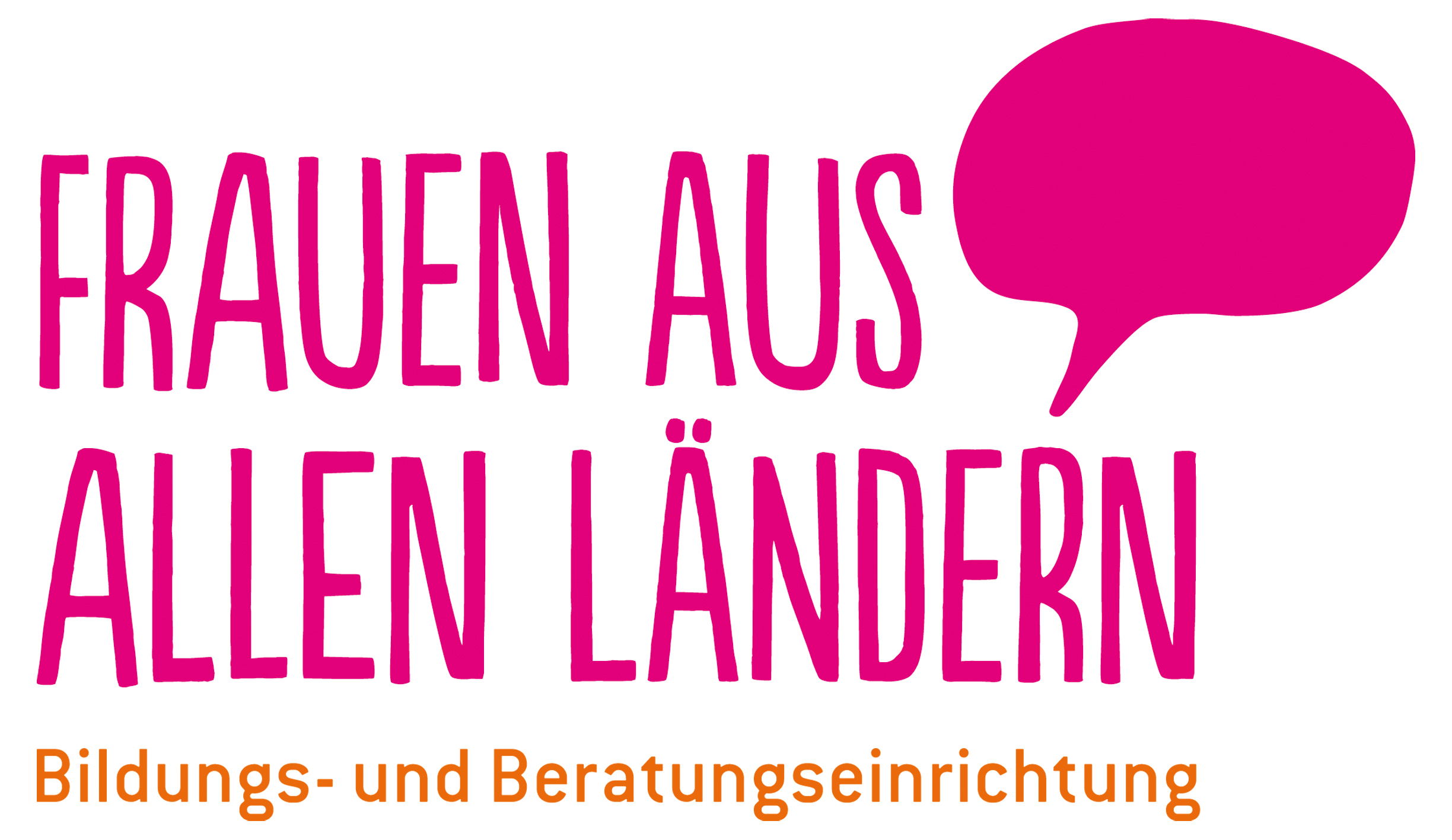 Logo mit dem Text „Frauen aus allen Ländern“ und dem Zusatz „Bildungs- und Beratungseinrichtung“ in pink und orange.