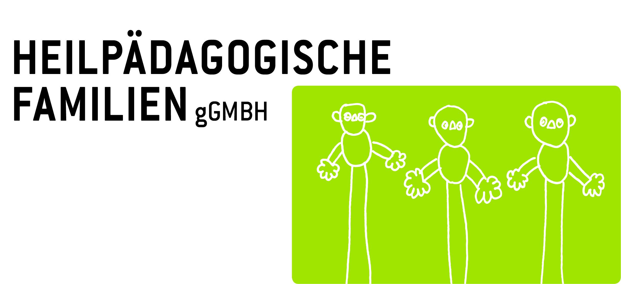 Logo der Heilpädagogischen Familien gGmbH mit drei figürlichen Darstellungen in einfachem, storchförmigen Stil.