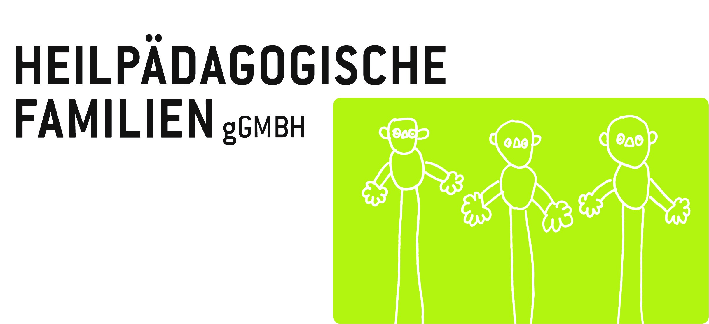"Logo of the Heilpädagogische Familien gGmbH with three stylized figures on a green background."