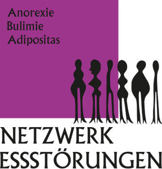 Grafik mit stilisierten Figuren in schwarz vor einem lila Hintergrund, betitelt mit „Anorexie“, „Bulimie“ und „Adipositas“.