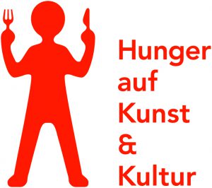 Logo mit einer stilisierten Figur, die Gabel und Messer hält, begleitet von dem Text „Hunger auf Kunst & Kultur“.