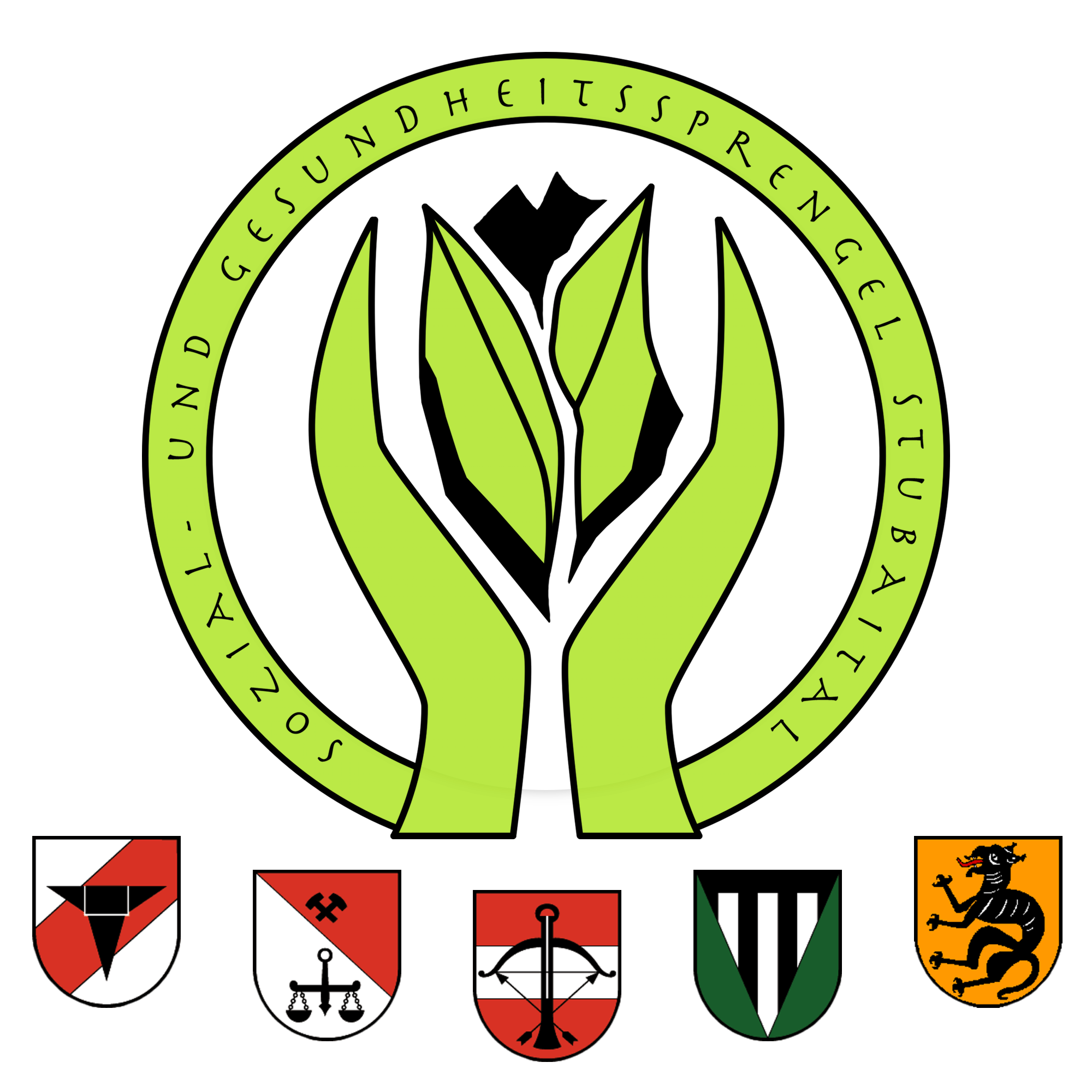 Logo des Sozial- und Gesundheitssprengels Stubaital mit stilisierten Händen und Pflanzen, umgeben von Wappen.