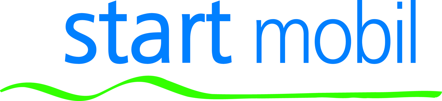 Logo von „start mobil“ in blauer Schrift mit grünem Wellendesign darunter.