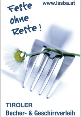 Feste ohne Reste! Tiroler Becher- und Geschirrverleih mit blühender Margerite auf einer Gabel.