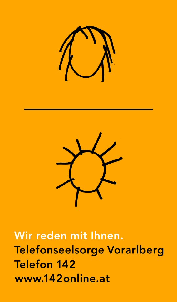 Grafik mit zwei einfachen Symbolen: oben ein Kopf mit Dreadlocks, unten eine Sonne. Text zur telefonischen Seelsorge.
