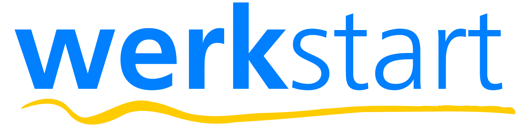 Logo von "werkstart" in blauer Schrift mit gelbem geschwungenem Strich darunter.