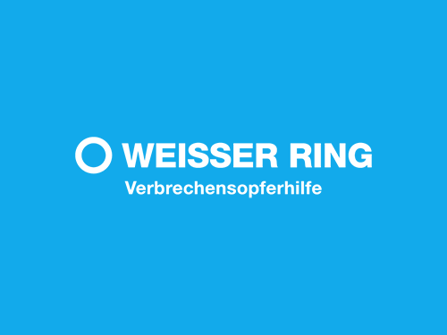 Logo des Weißen Rings mit dem Slogan "Verbrechensopferhilfe" auf blauem Hintergrund.