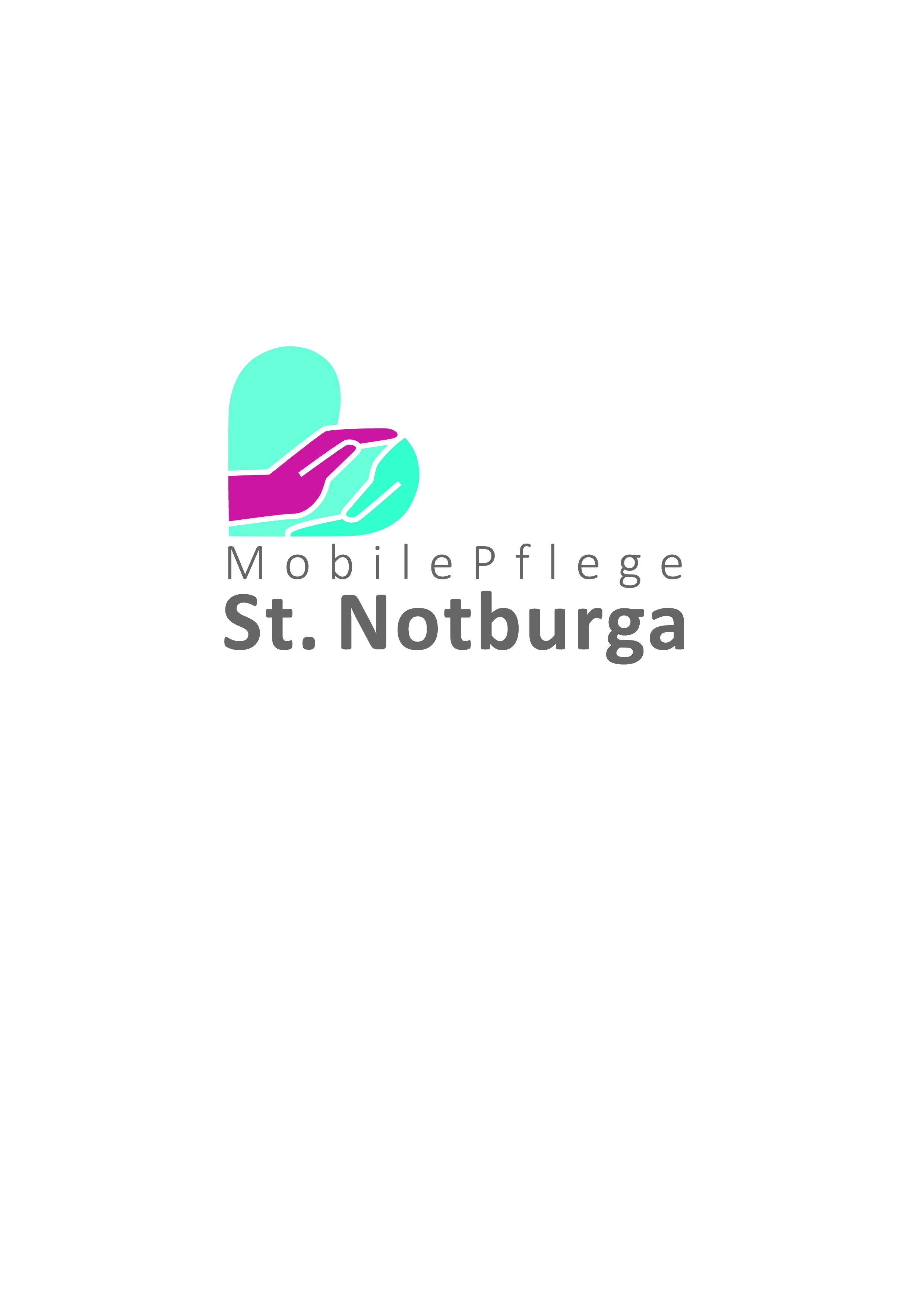 Logo der mobilen Pflege St. Notburga mit stilisierten Händen und Herzsymbol in Blau und Pink.