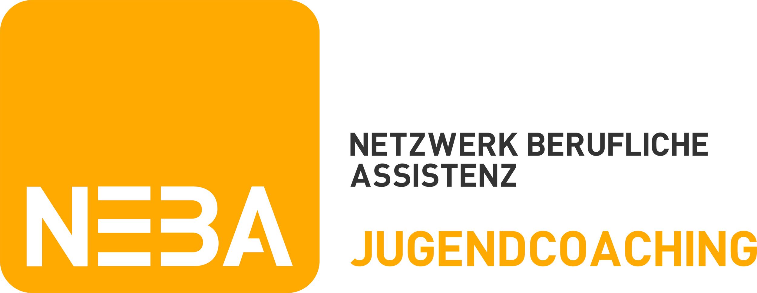 Logo von NEBA, Netzwerk berufliche Assistenz, mit dem Fokus auf Jugendcoaching in orange und grauen Farben.