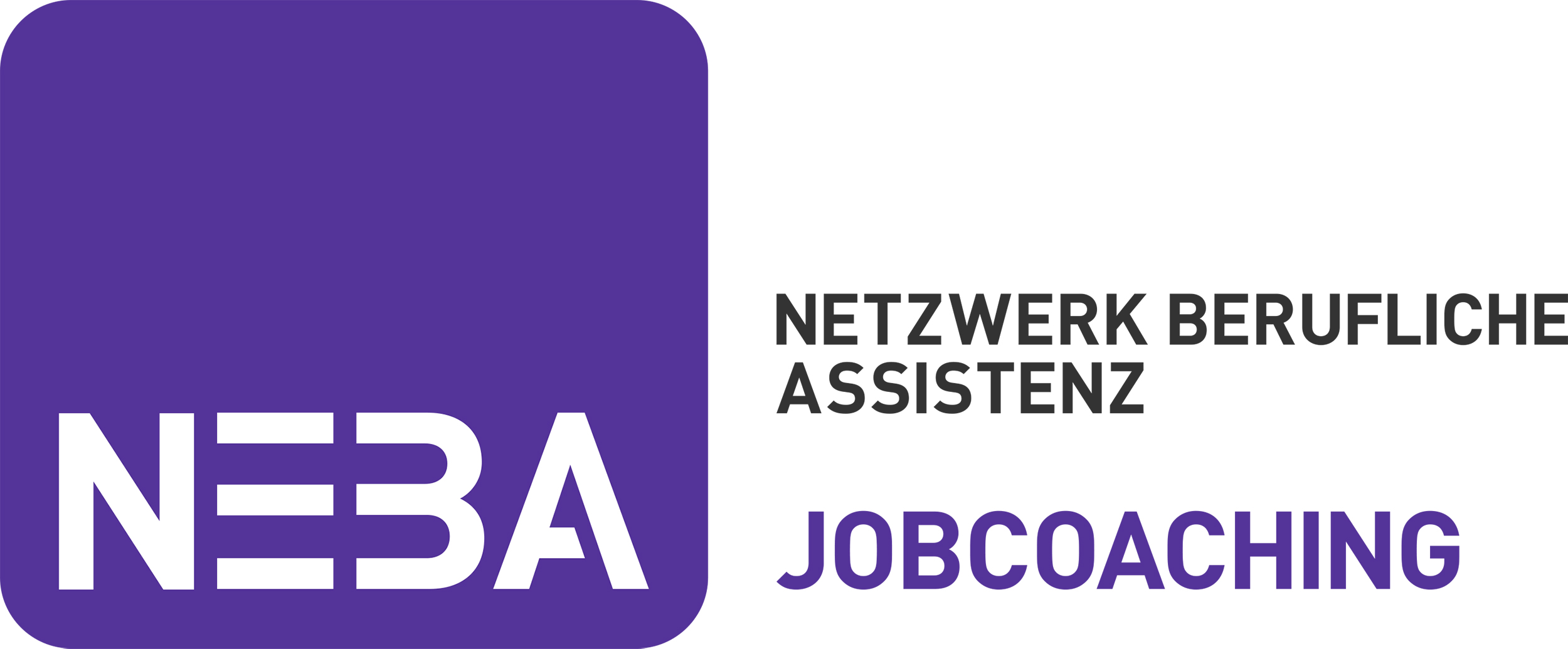 Logo von NEBA mit der Aufschrift "Netzwerk Berufliche Assistenz" und dem Wort "Jobcoaching" in lila Schrift.
