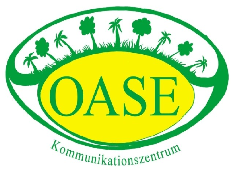 Logo des Kommunikationszentrums "OASE" mit grünen Palmen und gelbem Hintergrund.