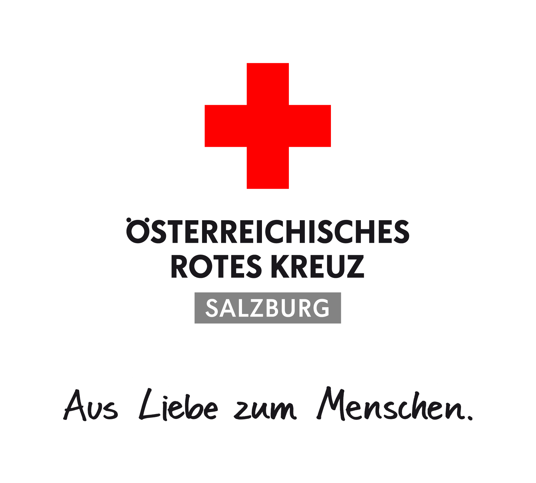 Logo des Österreichischen Roten Kreuzes Salzburg mit dem Slogan „Aus Liebe zum Menschen.“