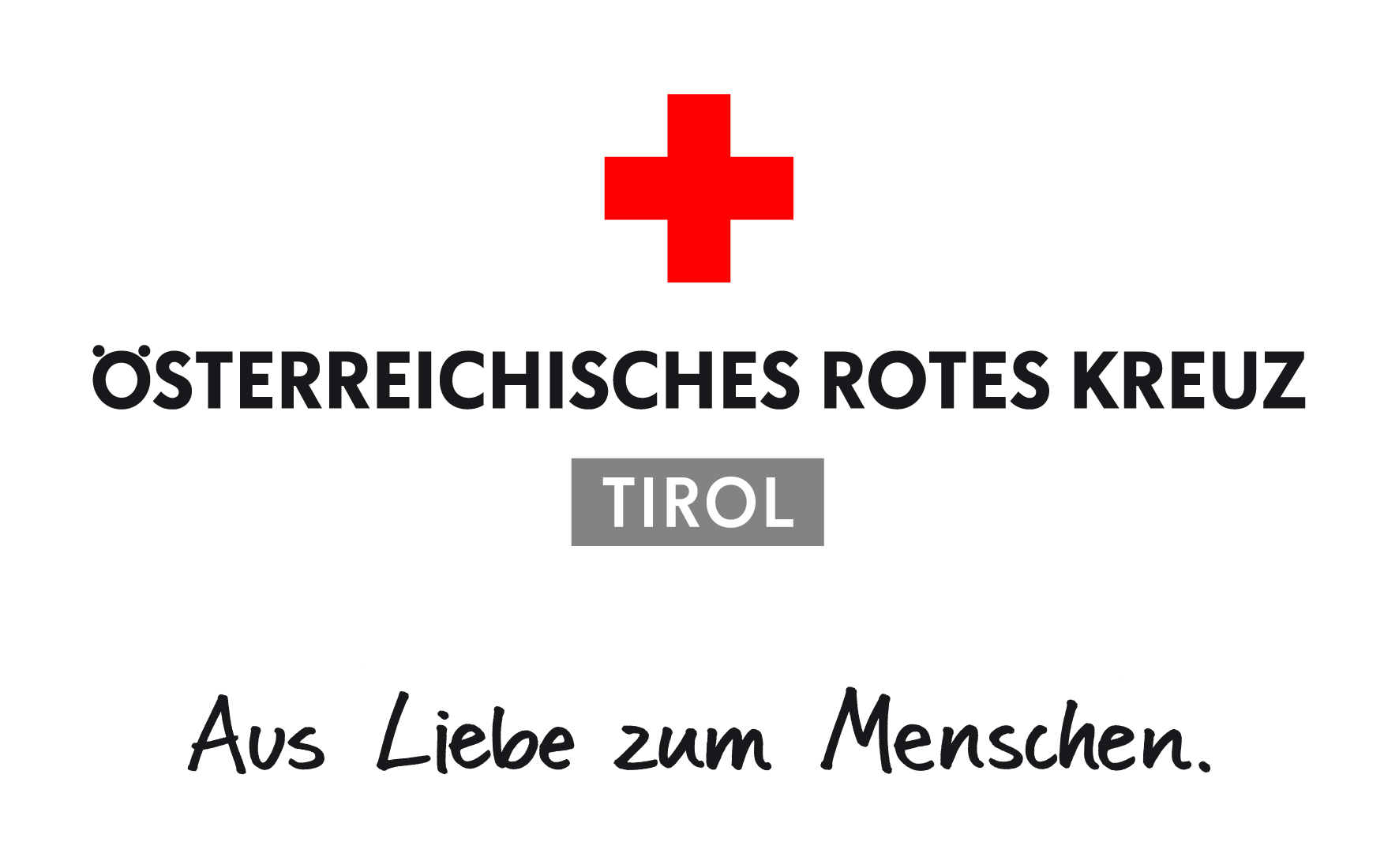 Logo des Österreichischen Roten Kreuzes Tirol mit dem Slogan: "Aus Liebe zum Menschen."