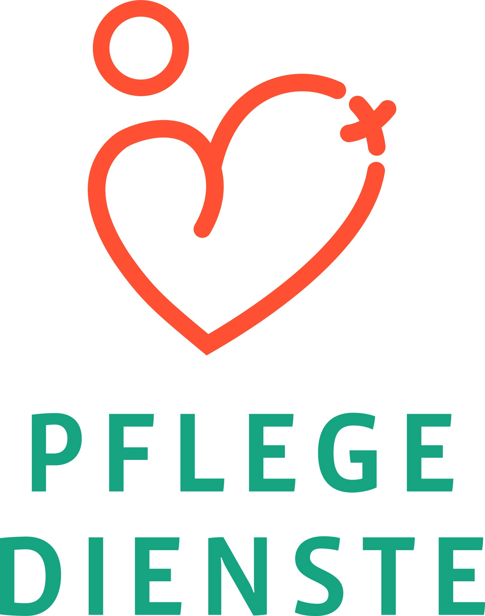 Logo der Pflege Dienste mit einem stilisierten Herz und einer Person, die Fürsorge symbolisiert.