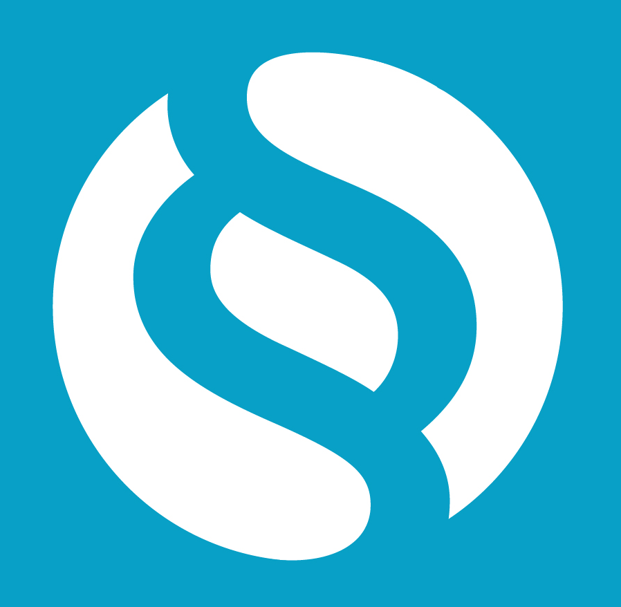 Logo in Weiß auf türkisfarbenem Hintergrund, bestehend aus geschwungenen Linien, die eine stilisierte Form darstellen.
