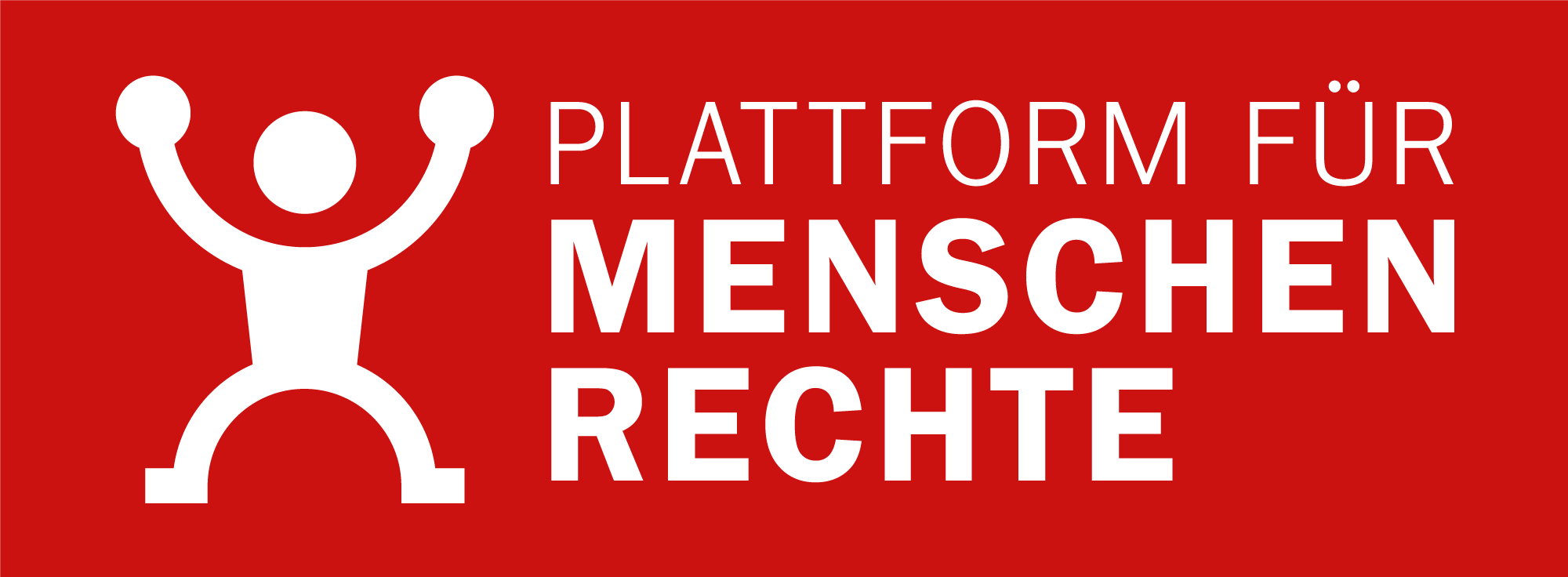 Logo einer Plattform für Menschenrechte, mit stilisiertem Symbol und rotem Hintergrund.
