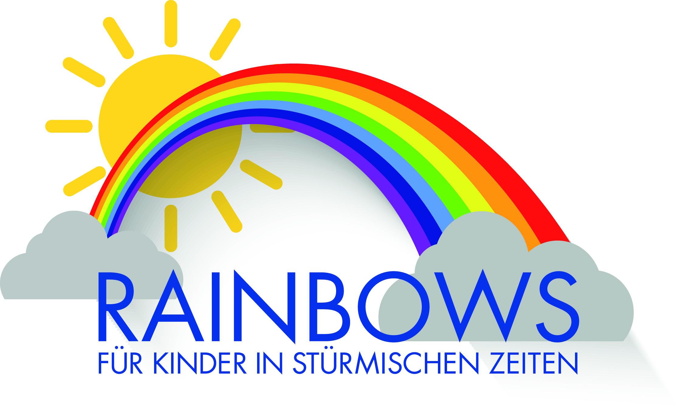 Logo mit Sonne, Regenbogen und Wolken, Beschriftung: "Rainbows für Kinder in stürmischen Zeiten".