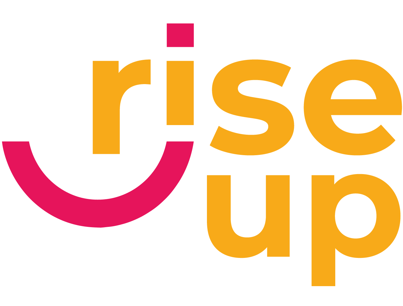 Logo mit dem Text "rise up" in gelb und pink auf schwarzem Hintergrund.