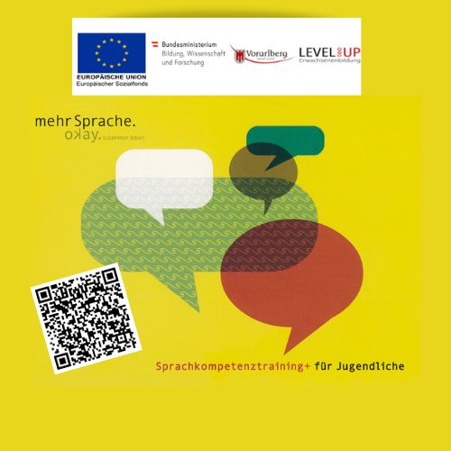 Buntes Poster mit Sprechblasen, QR-Code und Text zu Sprachkompetenztraining für Jugendliche.