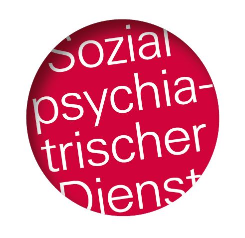 Runder roter Hintergrund mit weißem Text: "Sozialpsychiatrischer Dienst".