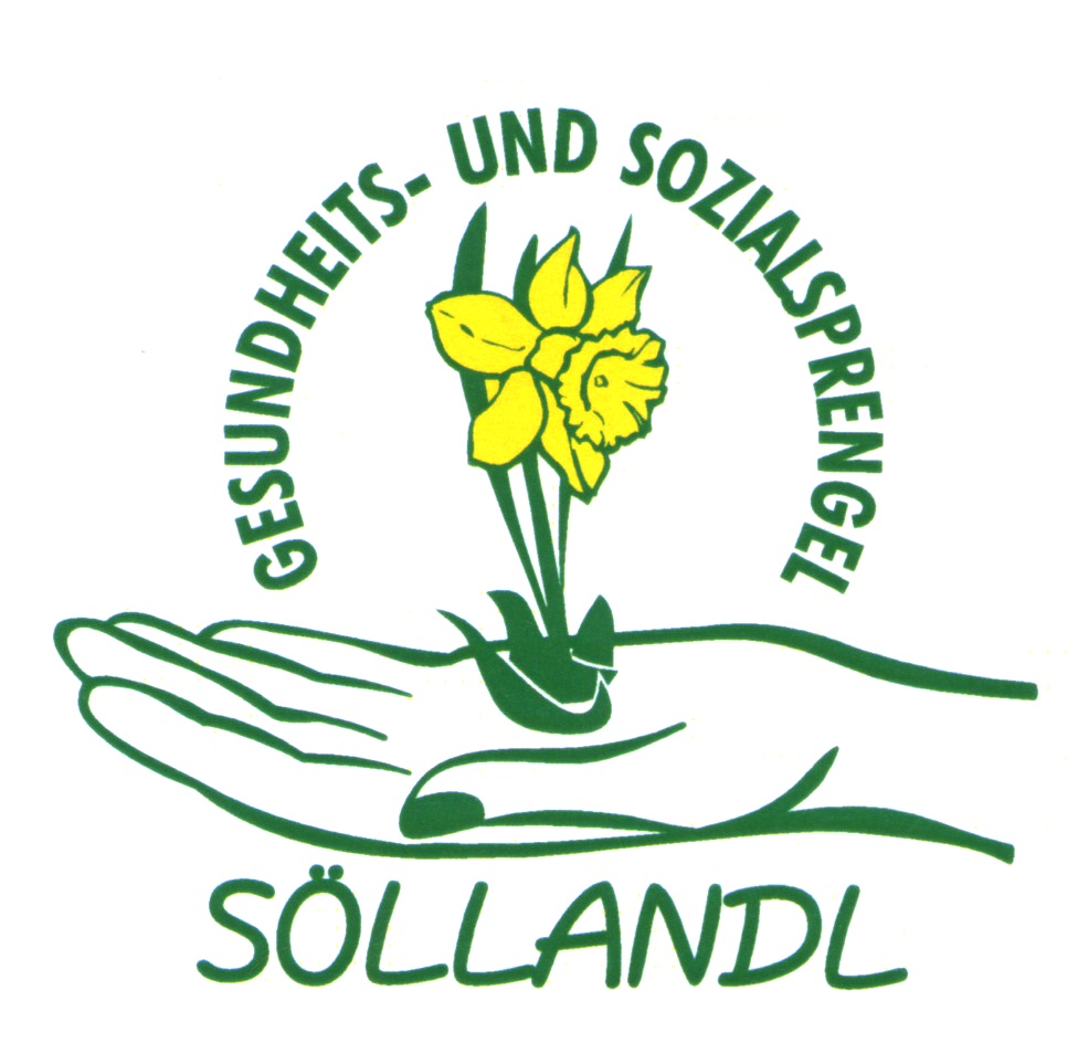 Logo des Gesundheits- und Sozialsprengels Söllandl mit einer Hand, die eine gelbe Narzisse hält.