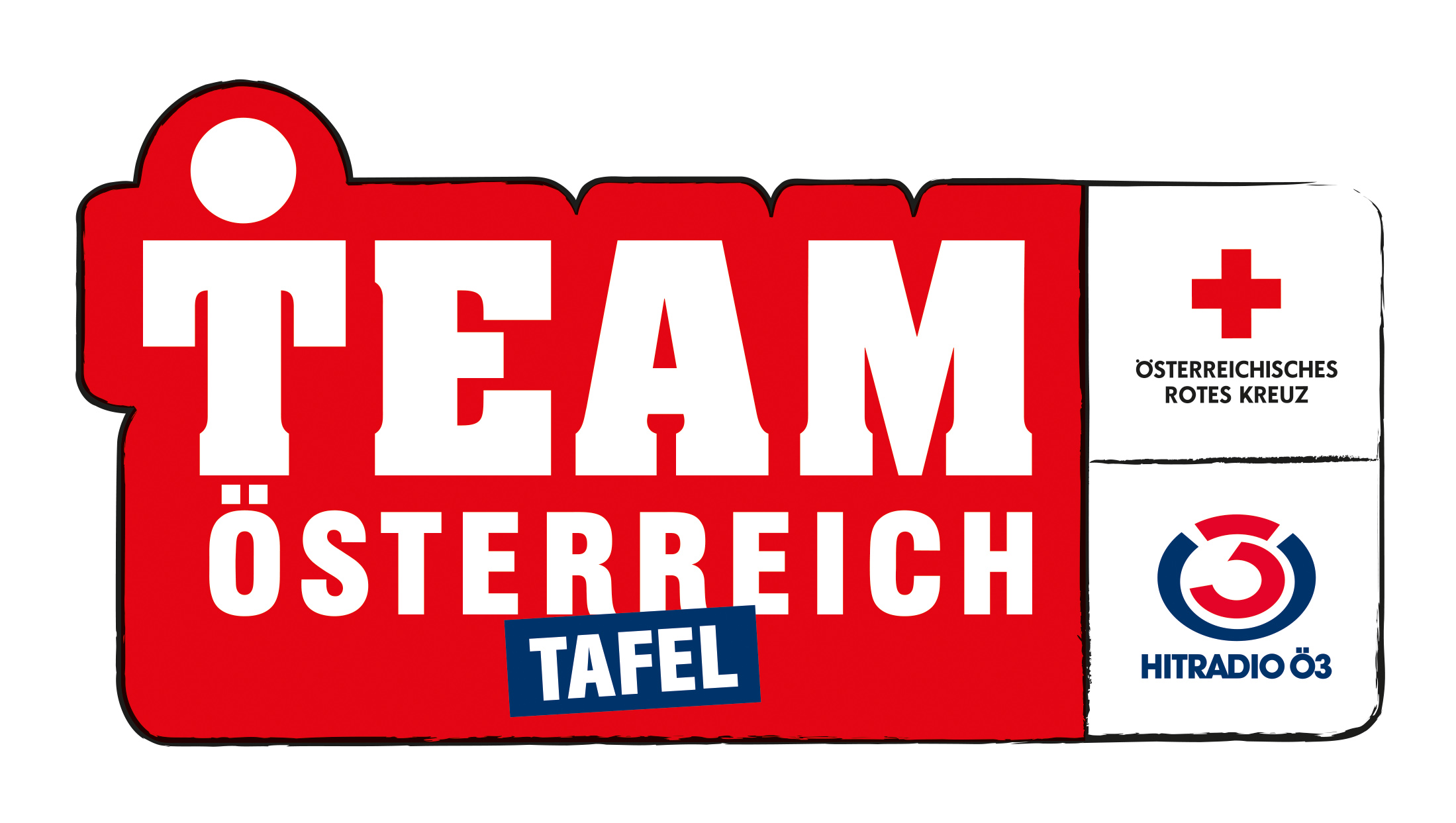Logo des Österreichischen Roten Kreuzes mit den Worten "Team Österreich Tafel" und dem Emblem von Hit Radio Ö3.