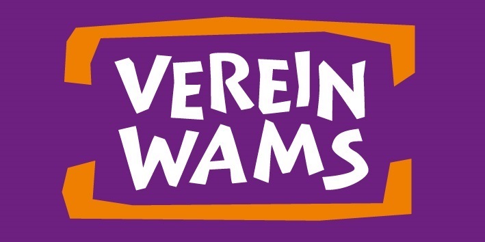 Logo des Vereins WAMS auf lila Hintergrund mit orangefarbenem Rahmen. Der Name ist in modernen, verspielten Buchstaben gestaltet.