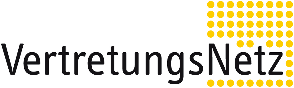 Logo des VertretungsNetz mit gelben Punkten und schwarzer Schrift.