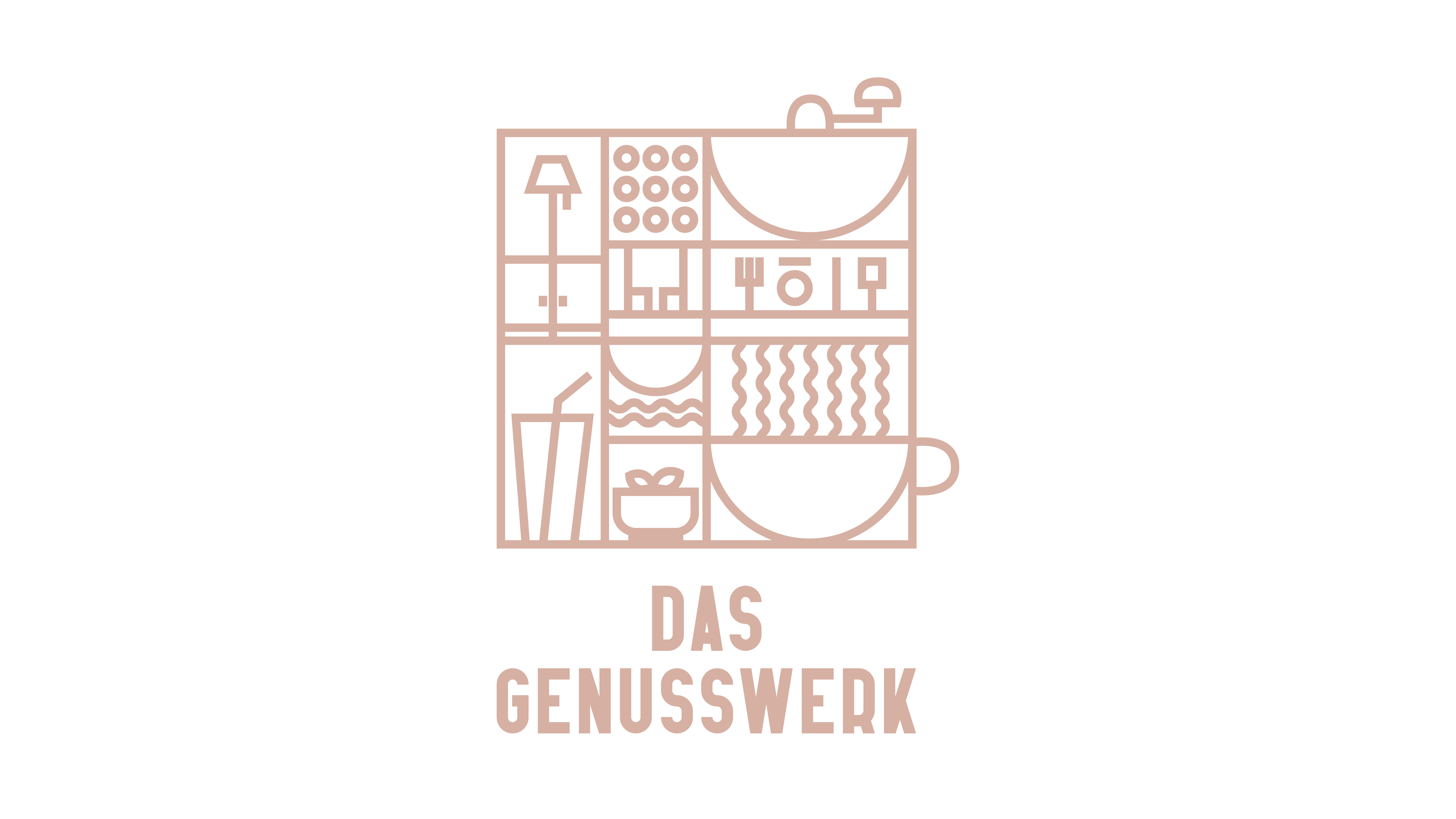 Logo mit stilisierten Küchenutensilien und Getränken, darunter der Schriftzug "DAS GENUSSWERK".